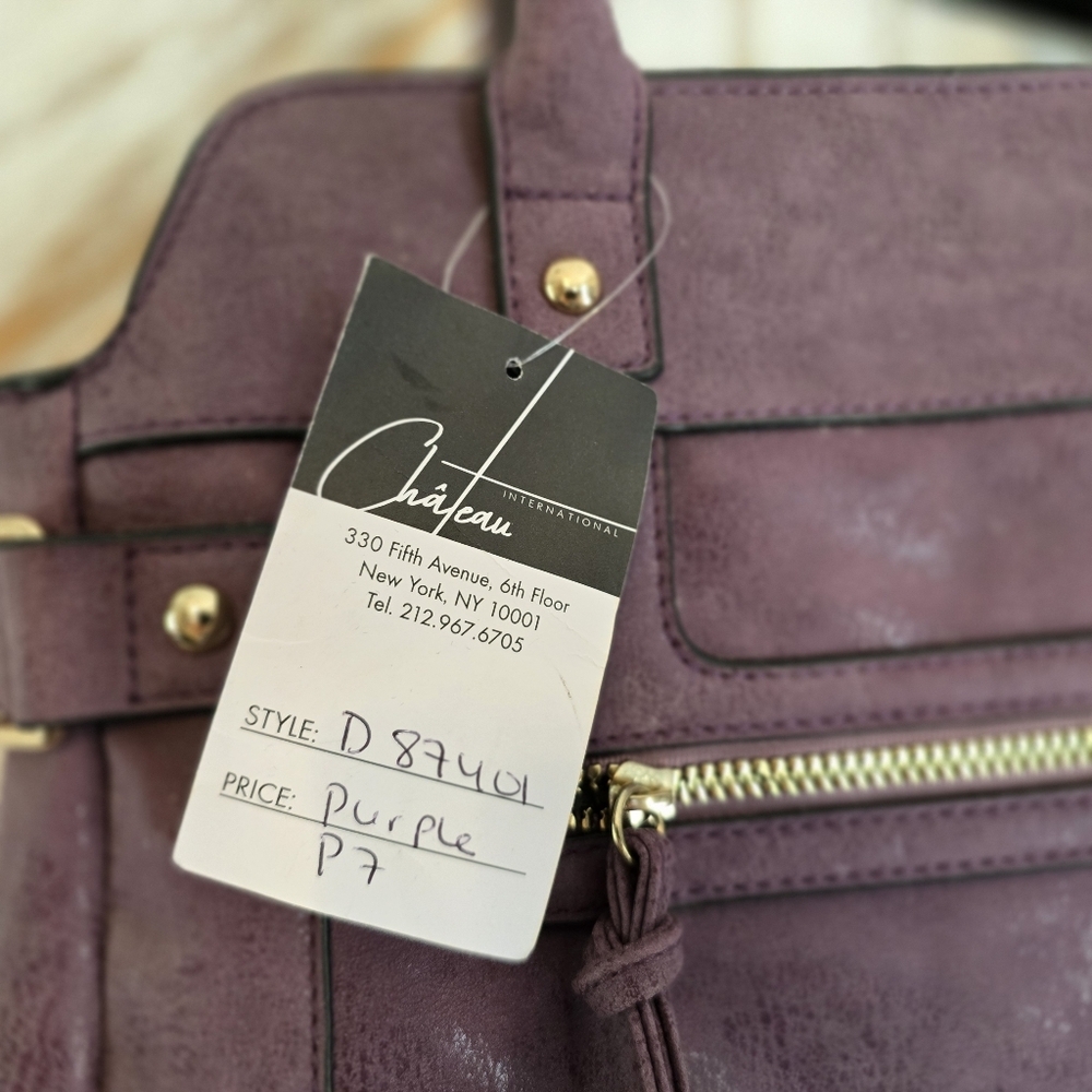 Chateau Purple Satchel Handbag NWT Gold Medallion Logo Front Zip Shoulder Bag - Picture 4 of 11